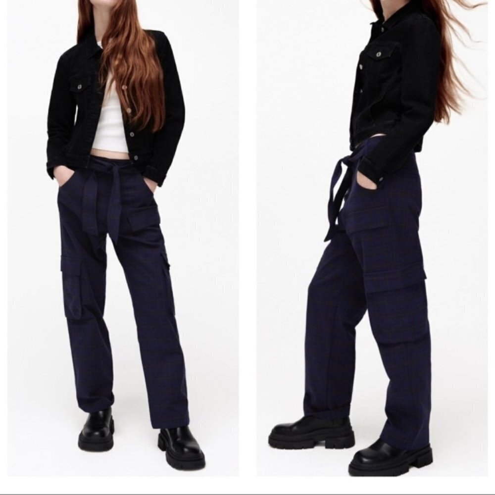 Zara High Waisted Blue Plaid Belted Baggy Cargo Pants